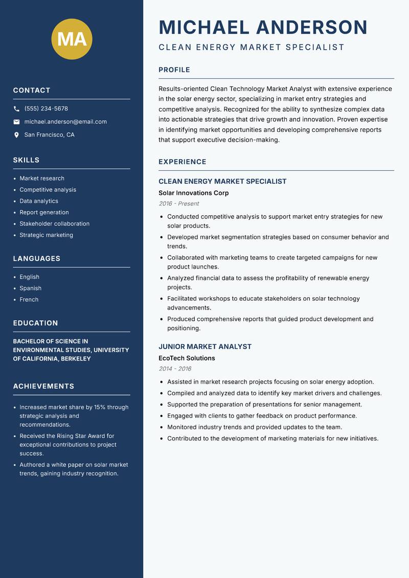 Clean Technology Market Analyst resume sample — Clean Energy Market Specialist focus