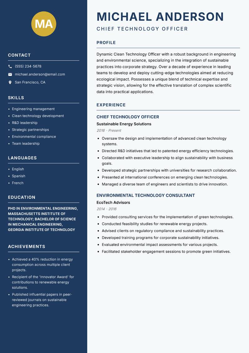 Clean Technology Officer resume sample — Chief Technology Officer focus