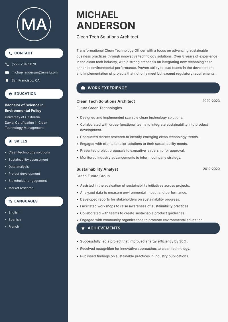 Clean Technology Officer resume sample — Clean Tech Solutions Architect focus