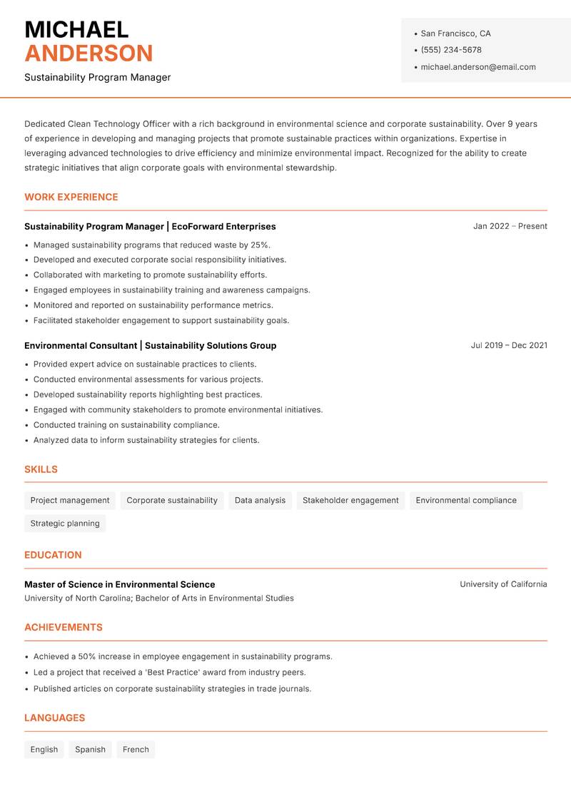 Clean Technology Officer resume sample — Sustainability Program Manager focus