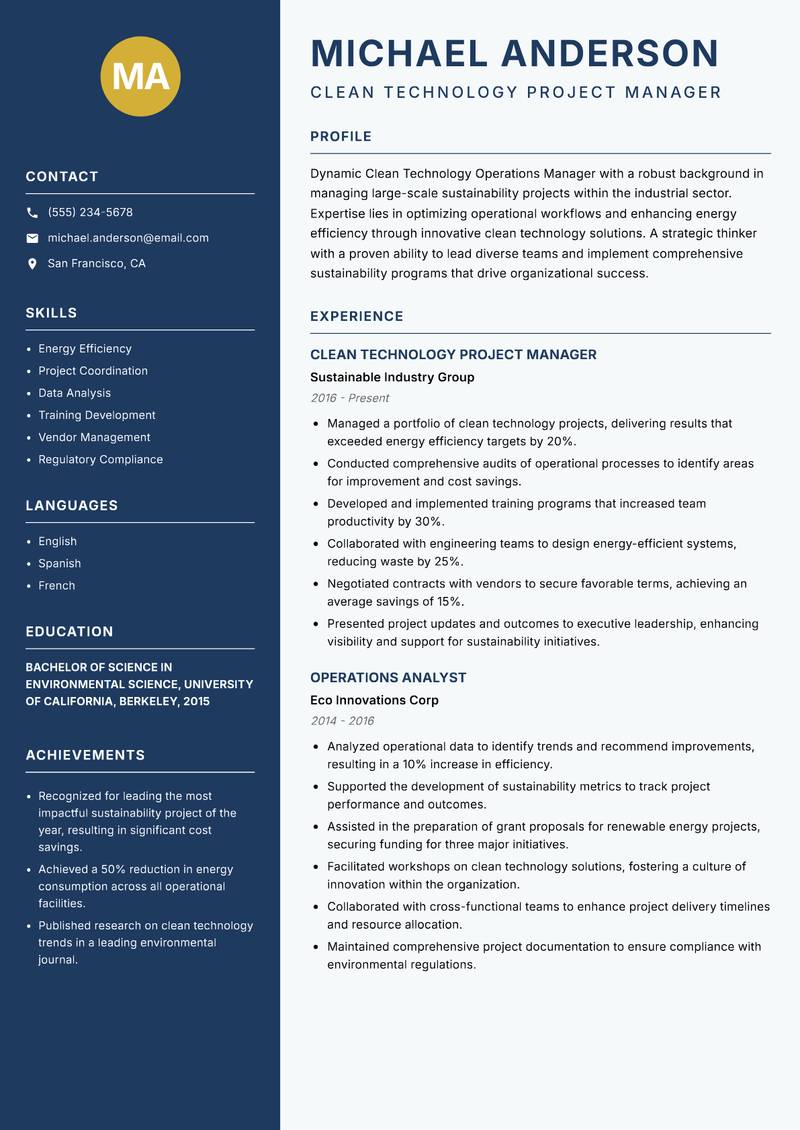 Clean Technology Operations Manager resume sample — Clean Technology Project Manager focus