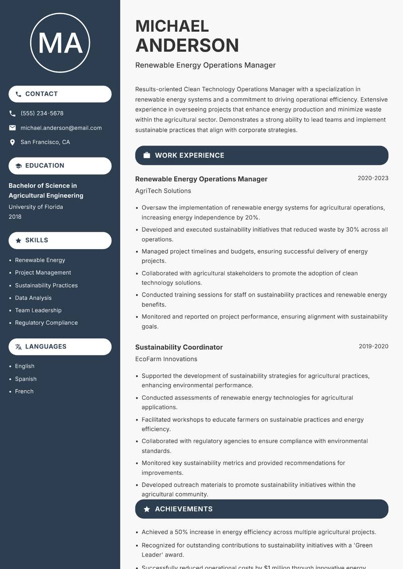 Clean Technology Operations Manager resume sample — Renewable Energy Operations Manager focus