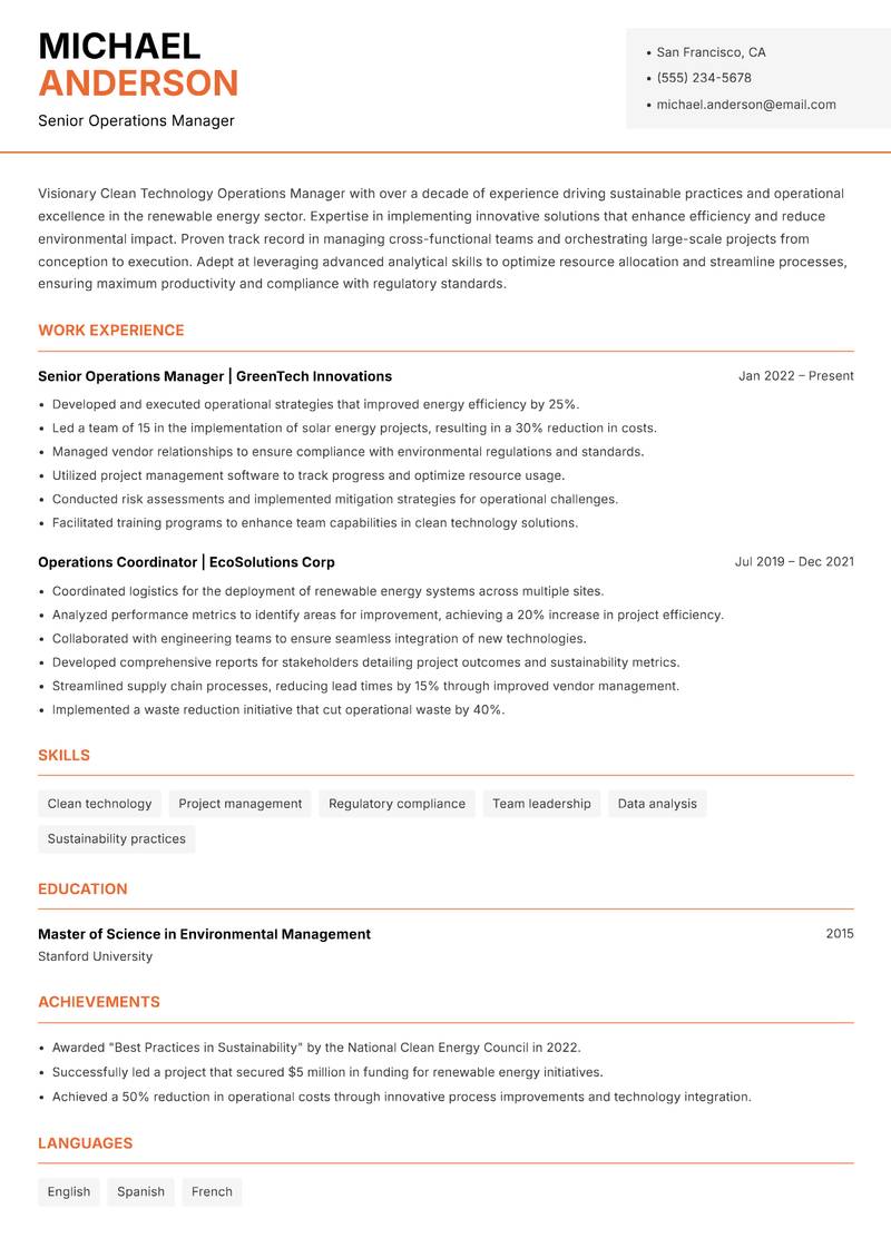 Clean Technology Operations Manager resume sample — Senior Operations Manager focus