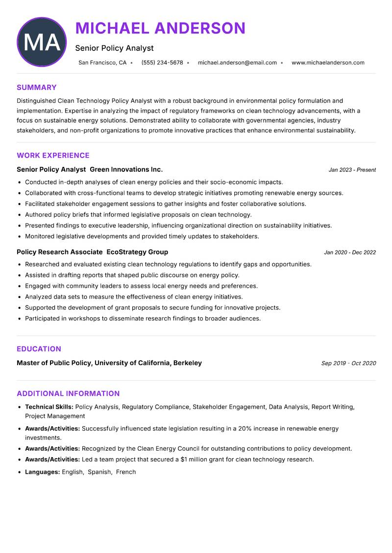Clean Technology Policy Analyst resume example