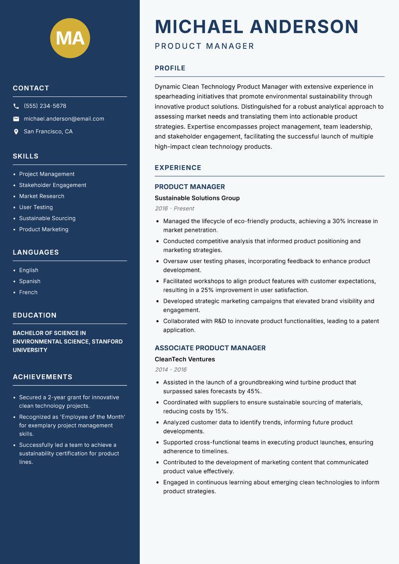 Clean Technology Product Manager resume sample — Product Manager focus