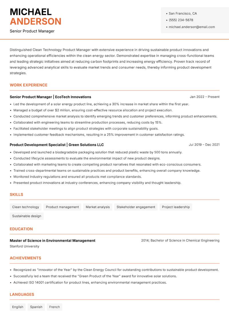 Clean Technology Product Manager resume sample — Senior Product Manager focus