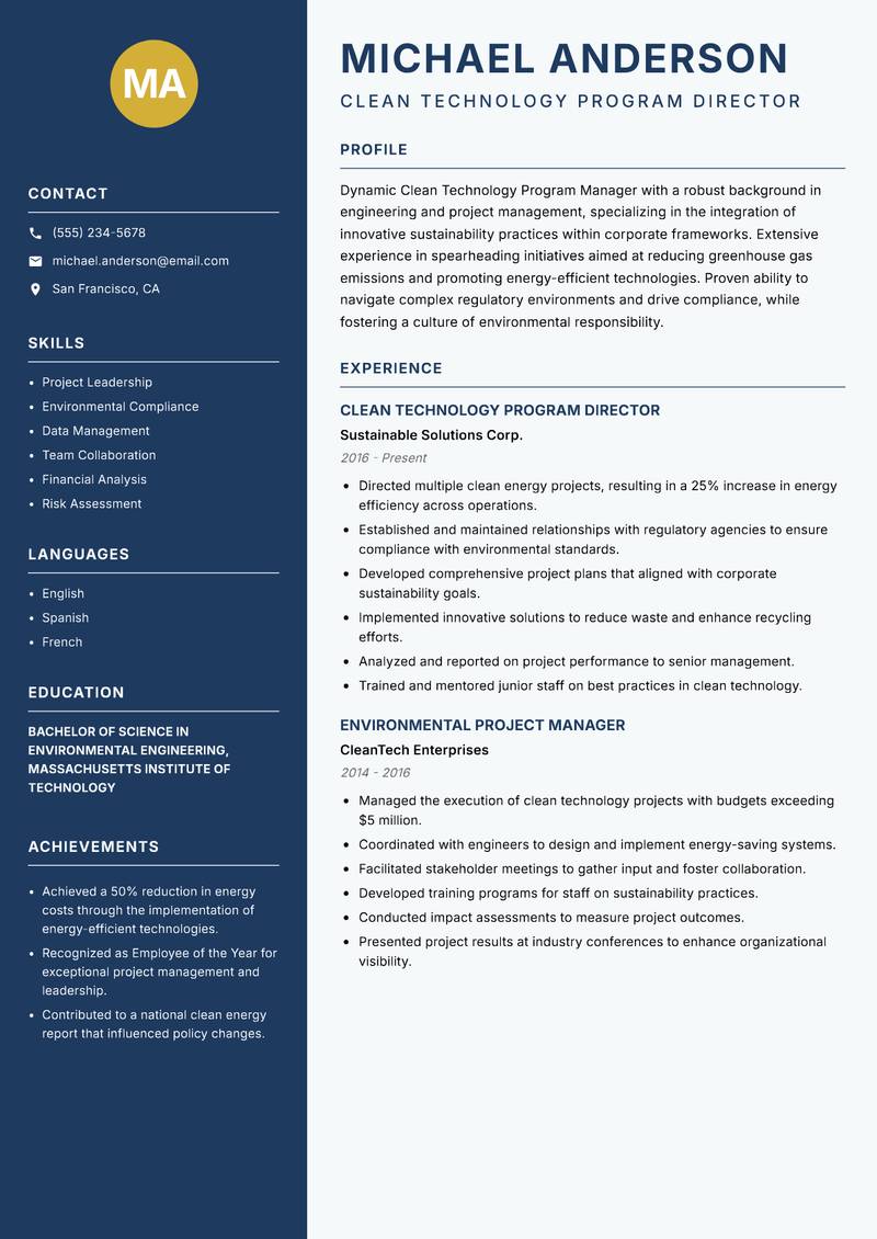 Clean Technology Program Manager resume sample — Clean Technology Program Director focus