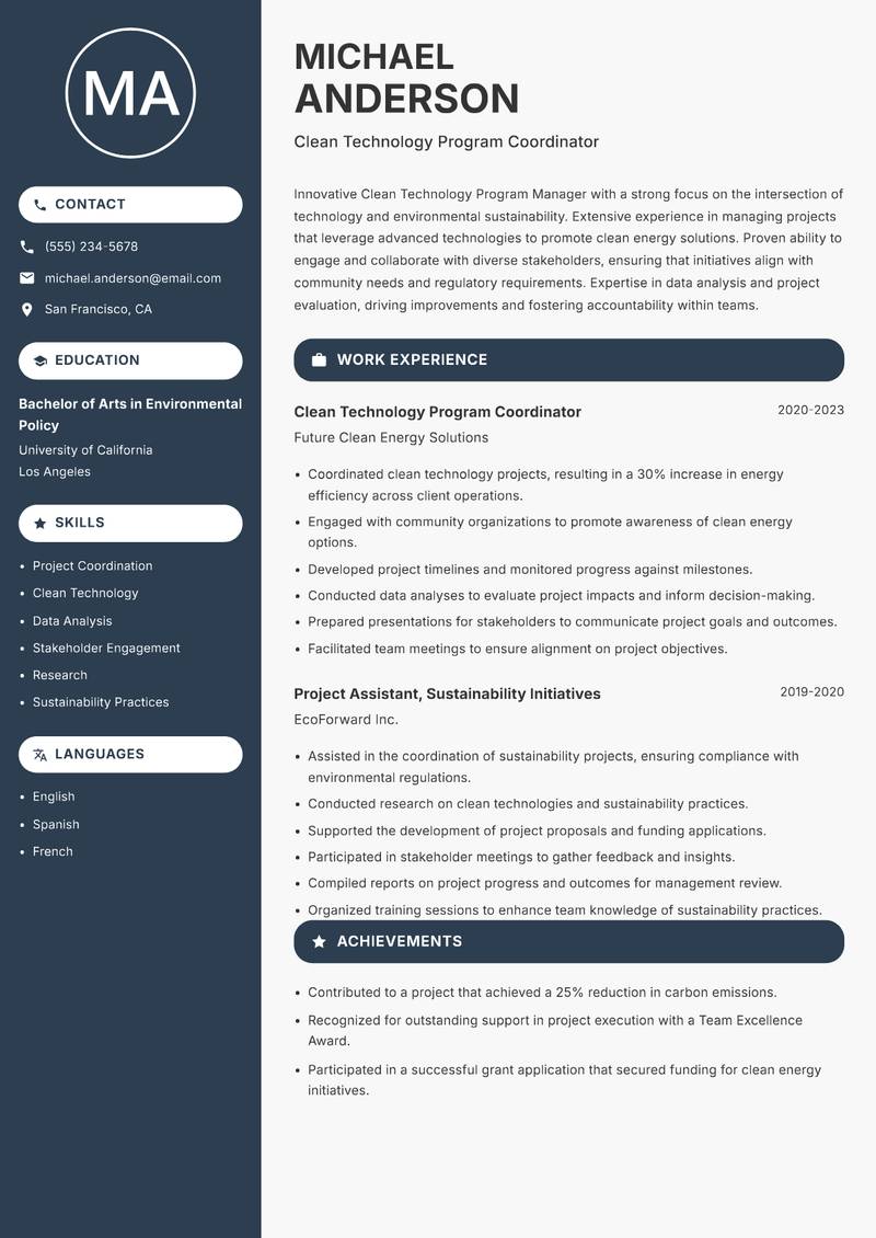 Clean Technology Program Manager resume sample — Clean Technology Program Coordinator focus