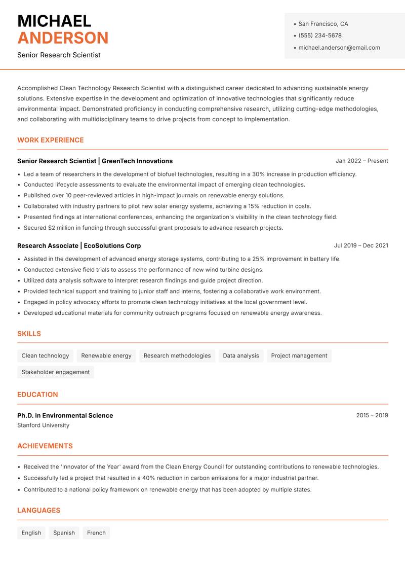 Clean Technology Research Scientist resume sample — Senior Research Scientist focus