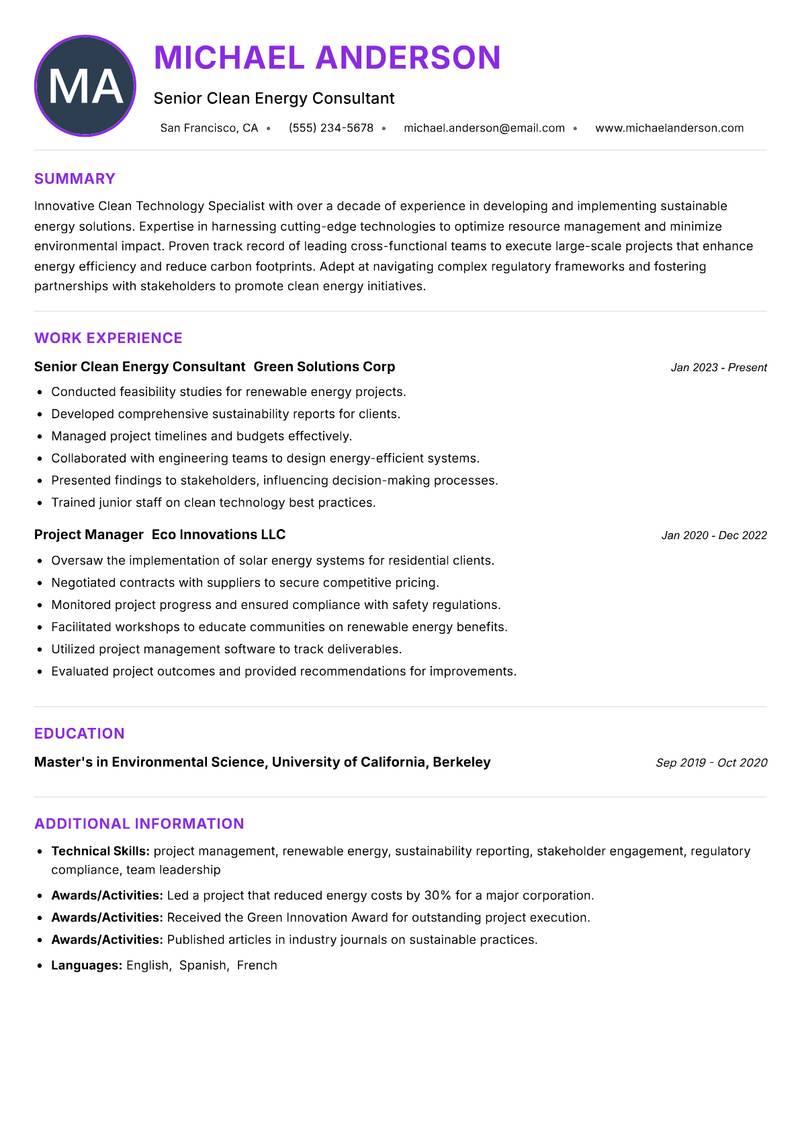 Clean Technology Specialist resume example