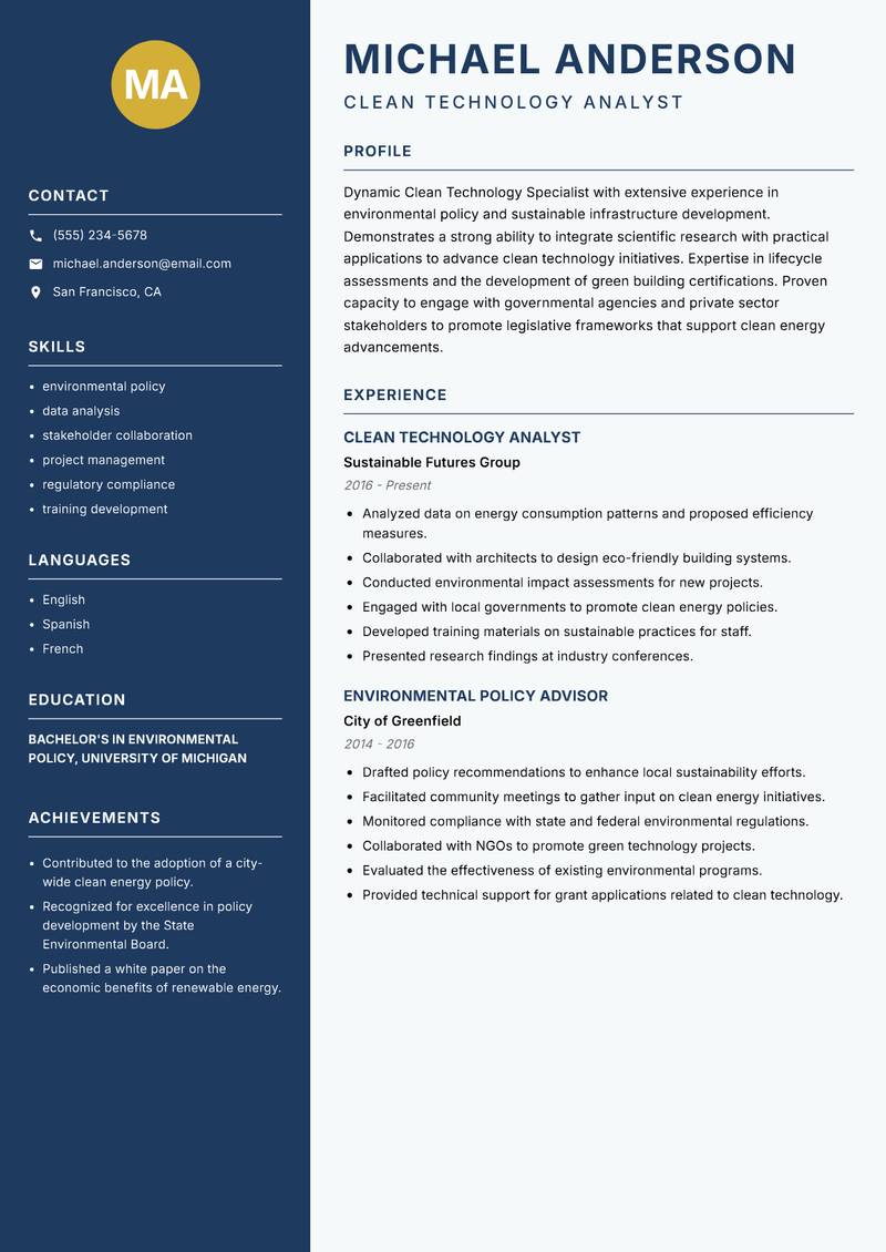 Clean Technology Specialist resume sample — Clean Technology Analyst focus