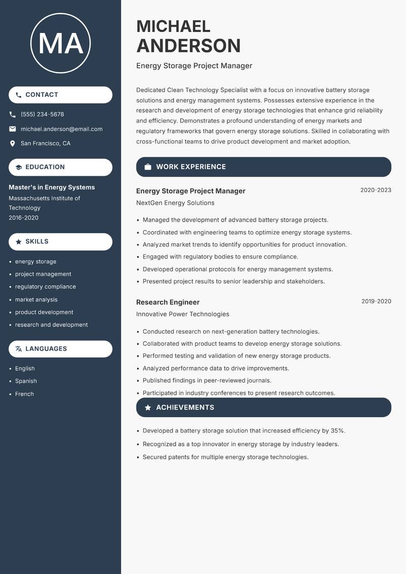 Clean Technology Specialist resume sample — Energy Storage Project Manager focus