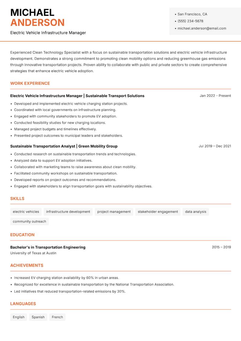 Clean Technology Specialist resume sample — Electric Vehicle Infrastructure Manager focus