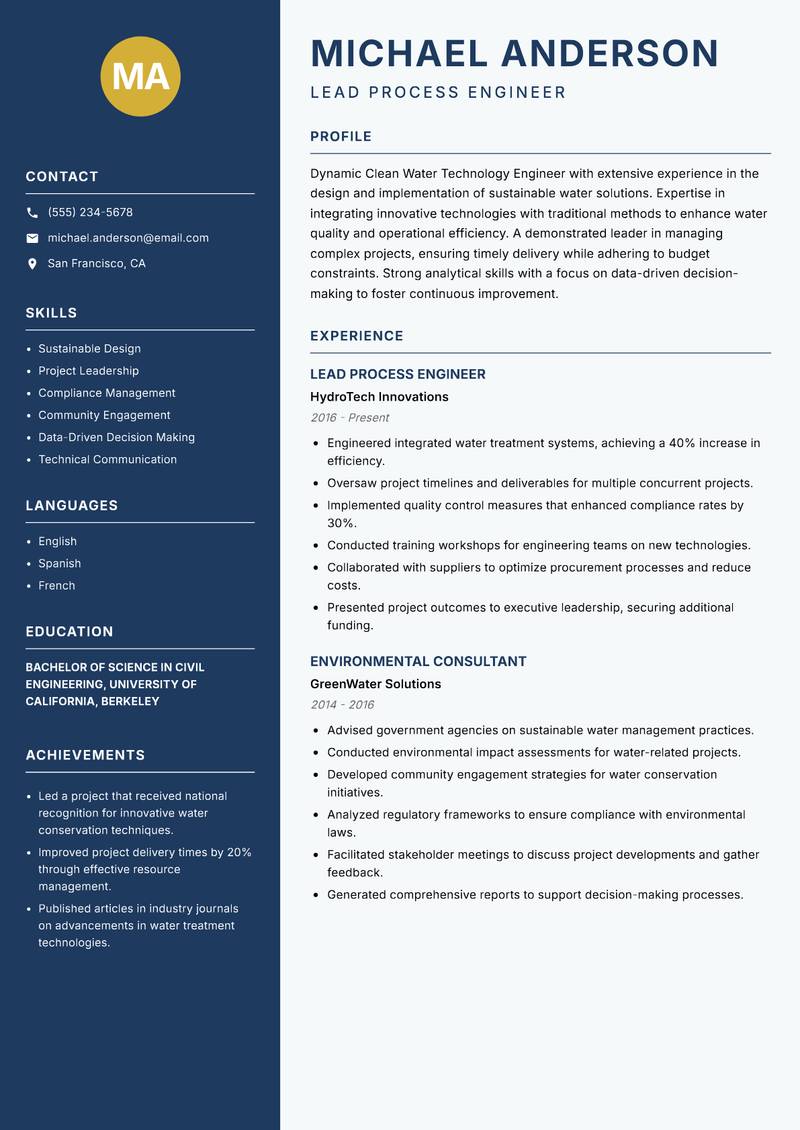 Clean Water Technology Engineer resume sample — Lead Process Engineer focus