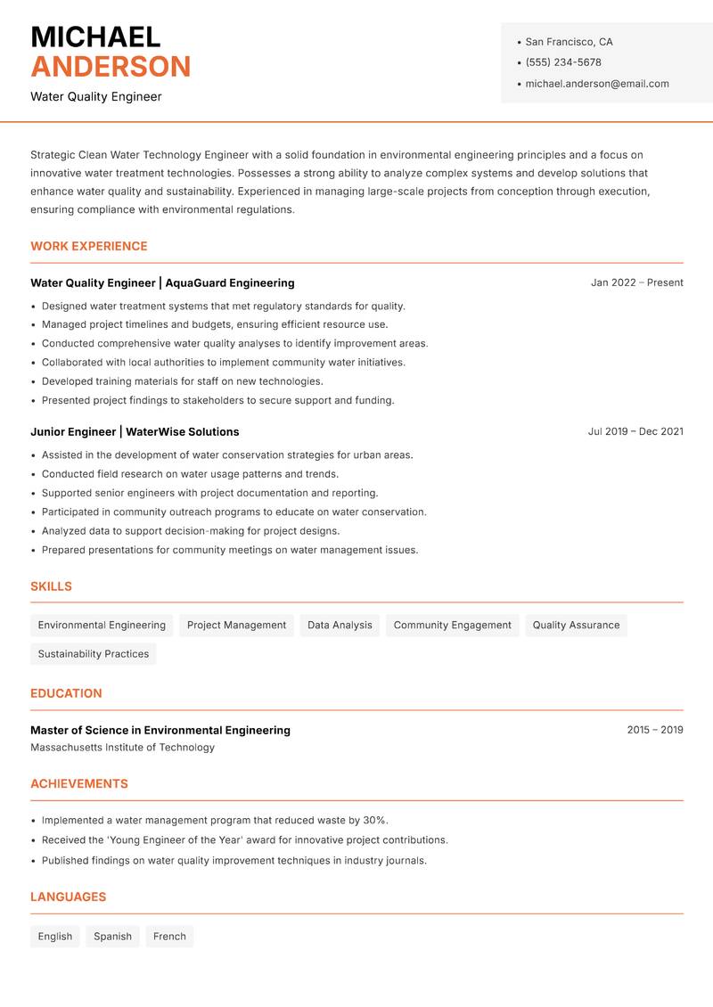 Clean Water Technology Engineer resume sample — Water Quality Engineer focus