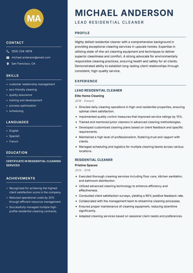 Cleaner Residential resume sample — Lead Residential Cleaner focus