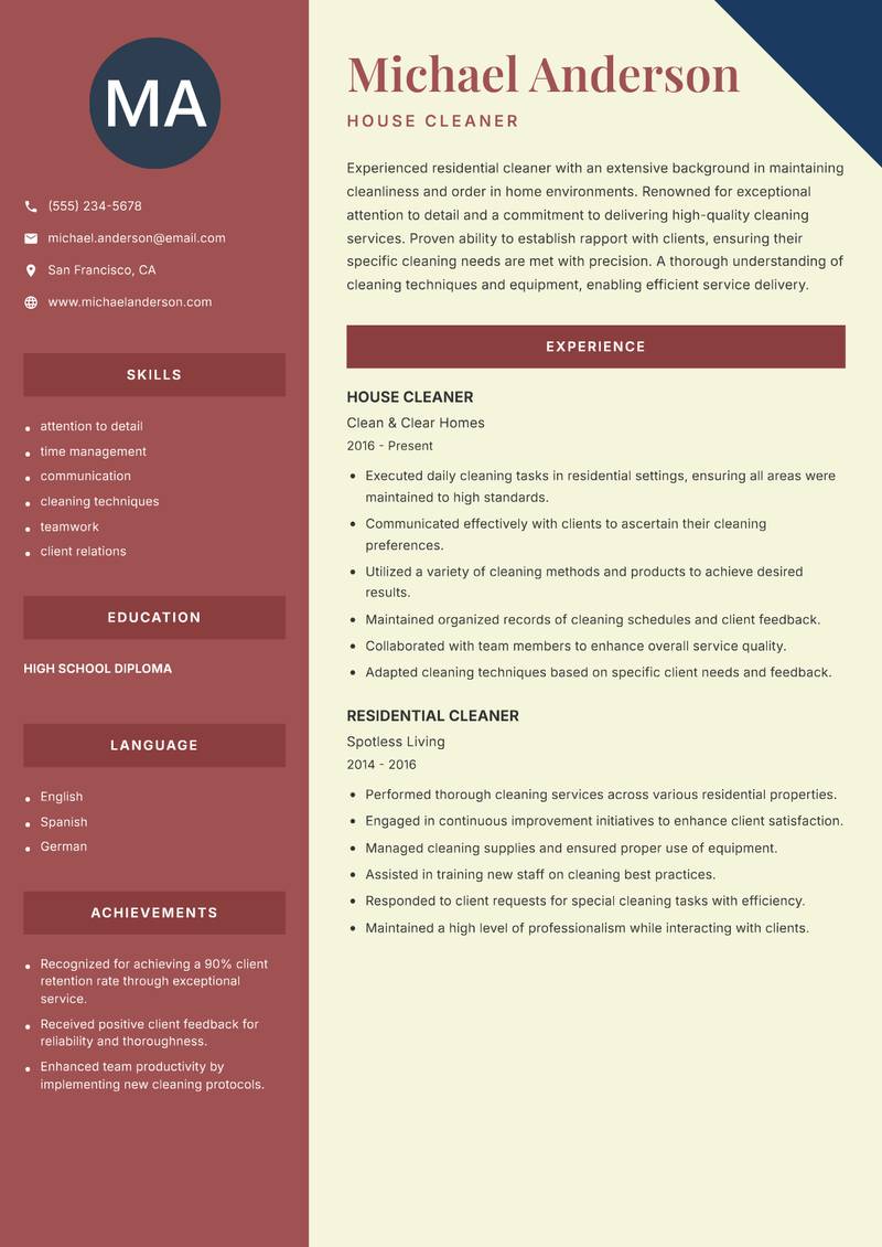 Cleaner Residential resume sample — House Cleaner focus