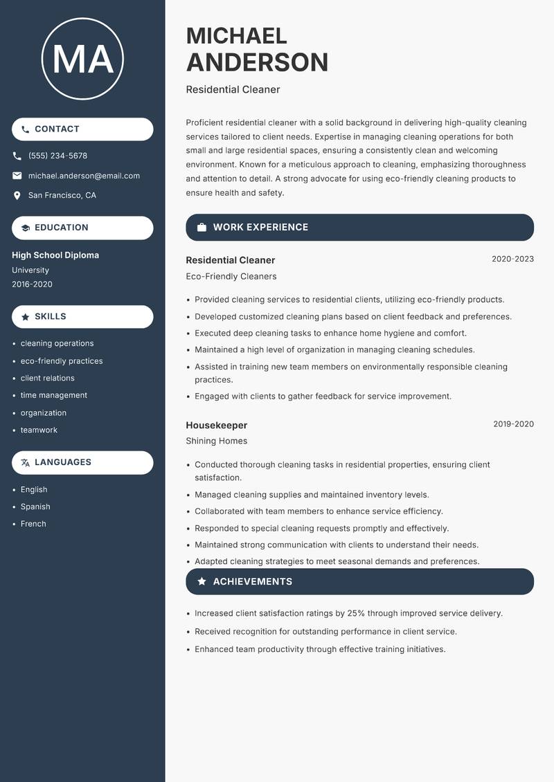 Cleaner Residential resume sample — Residential Cleaner focus