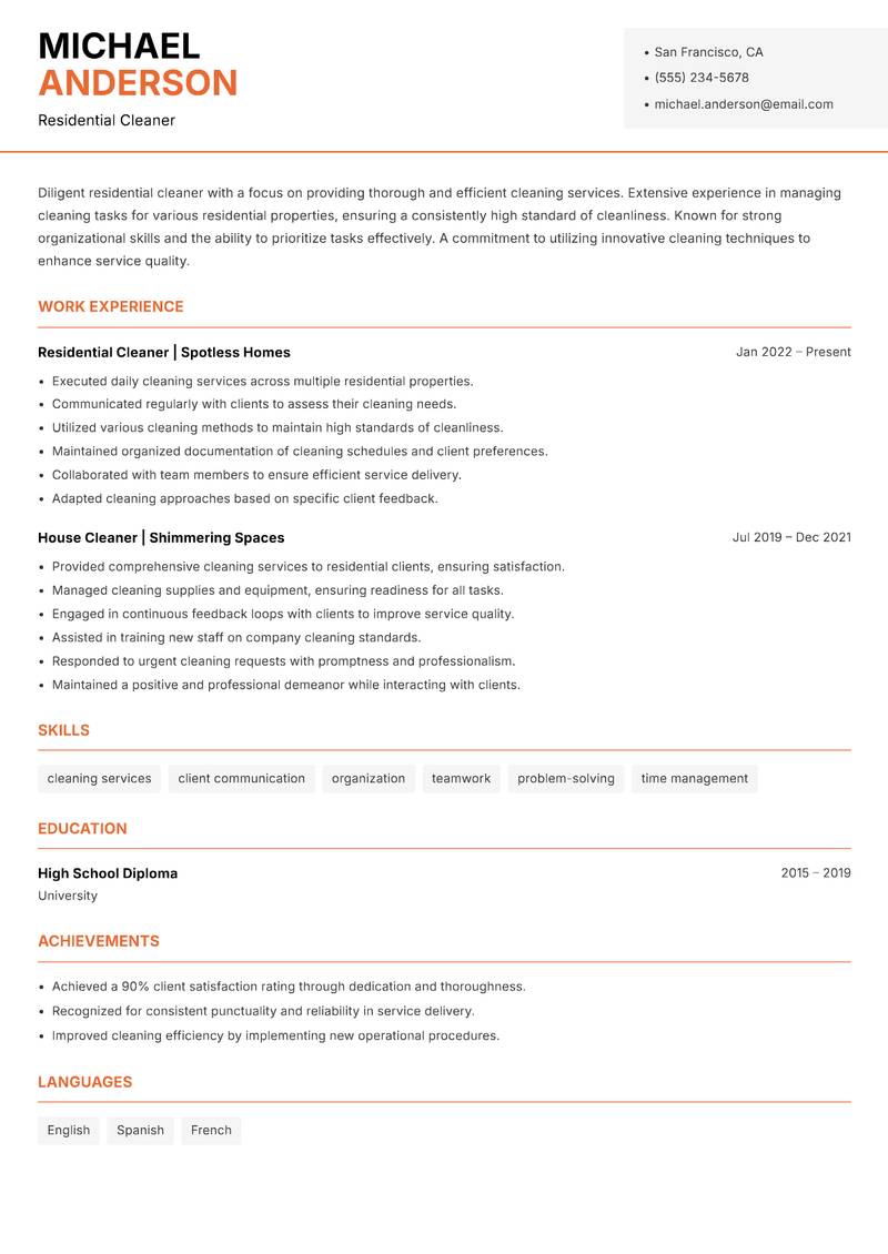 Cleaner Residential resume sample — Residential Cleaner focus