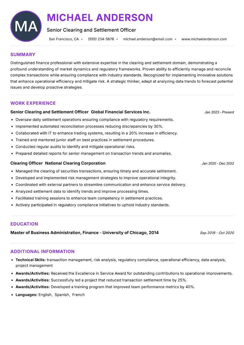Clearing and Settlement Officer resume example