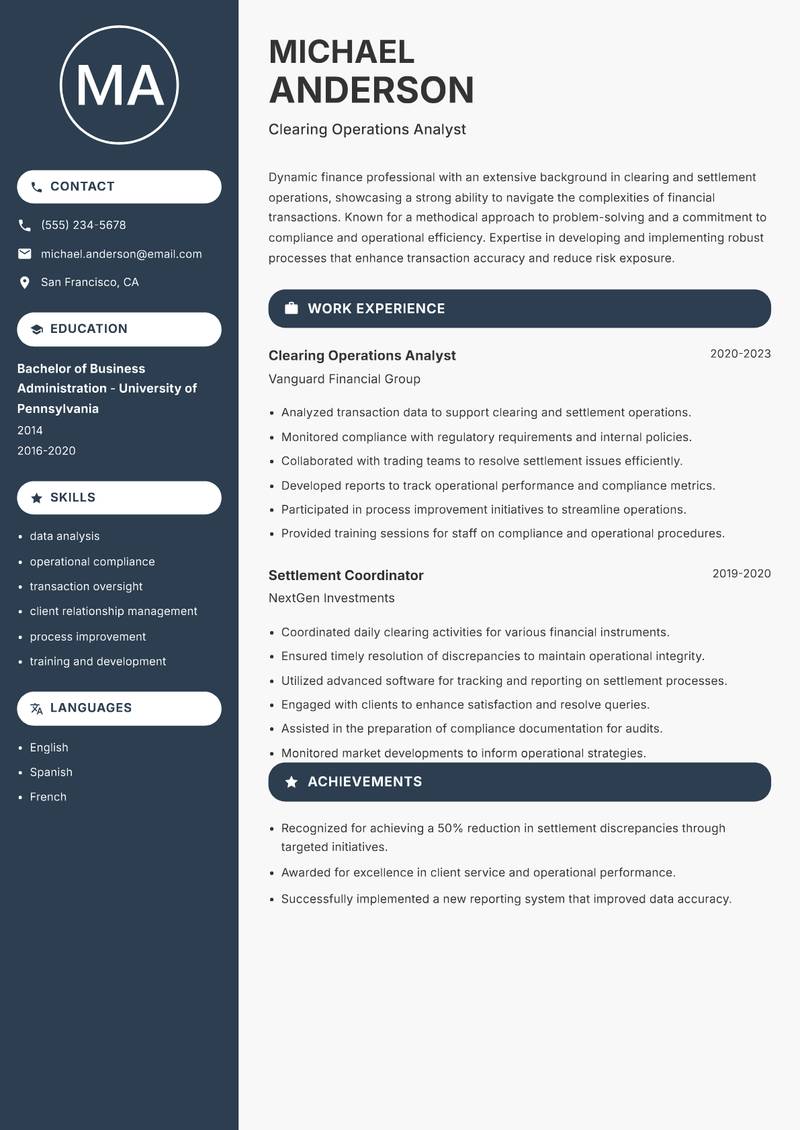 Clearing and Settlement Officer resume sample — Clearing Operations Analyst focus