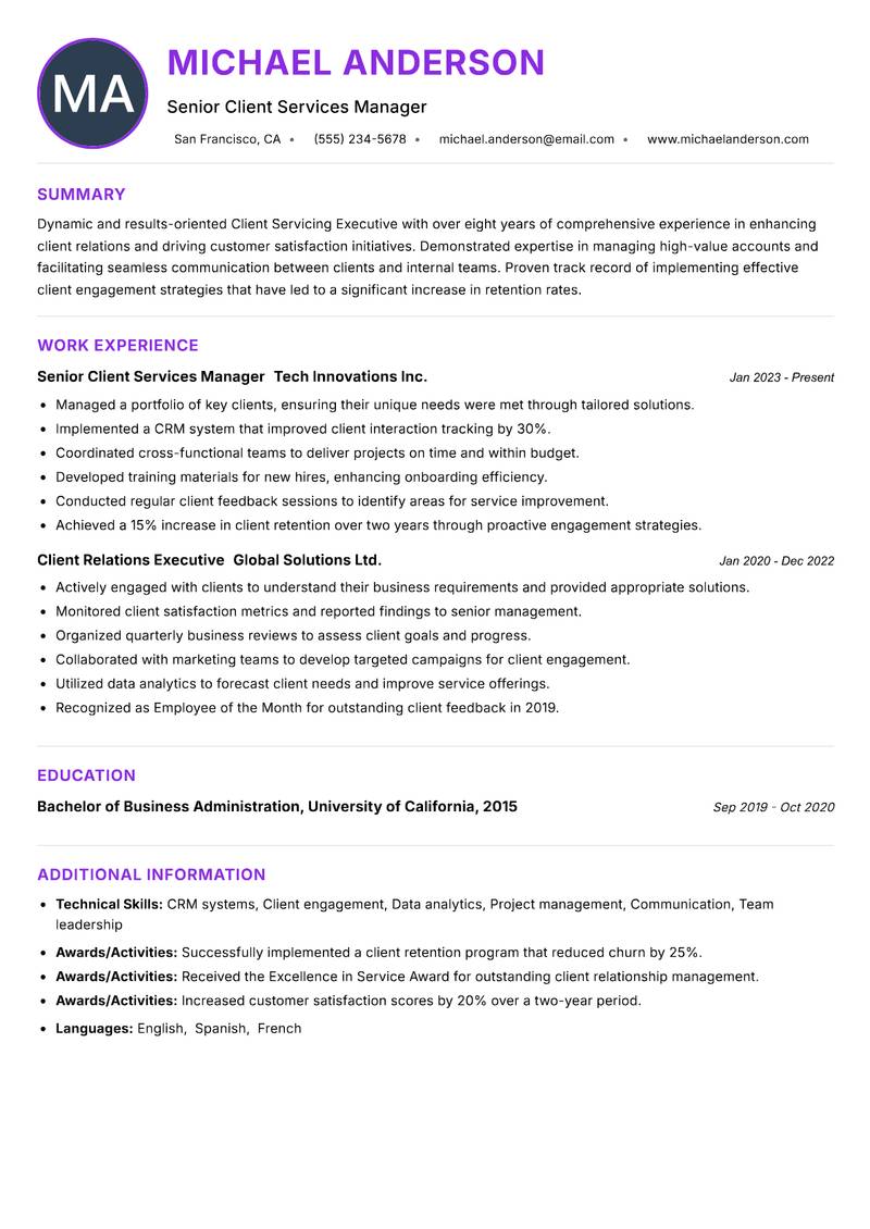 Client Servicing Executive resume example