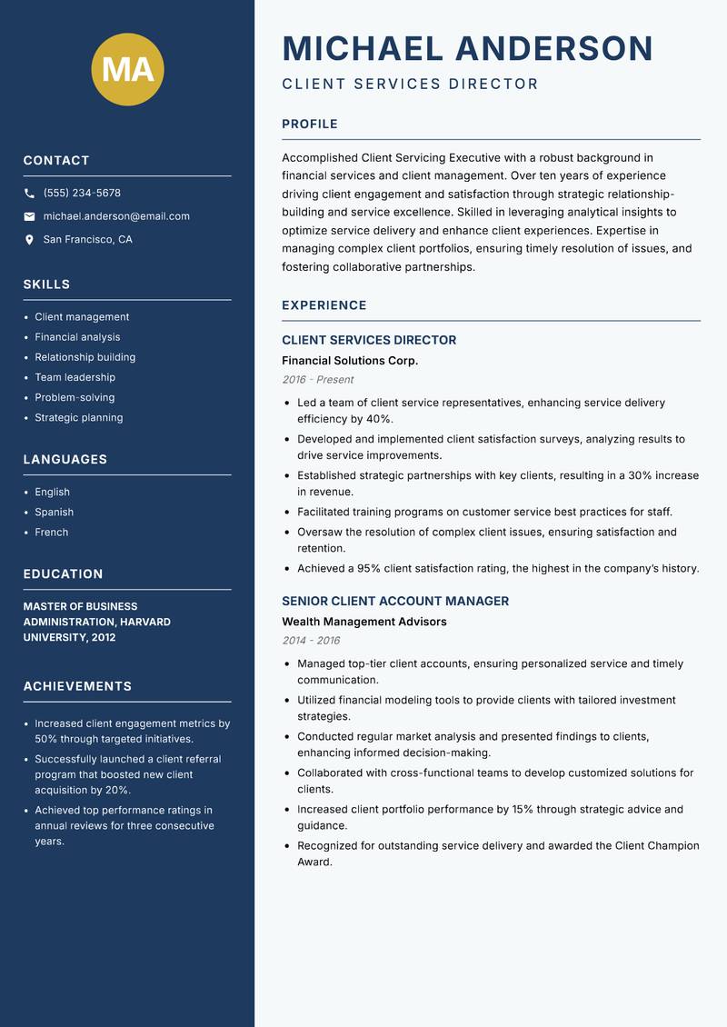 Client Servicing Executive resume sample — Client Services Director focus