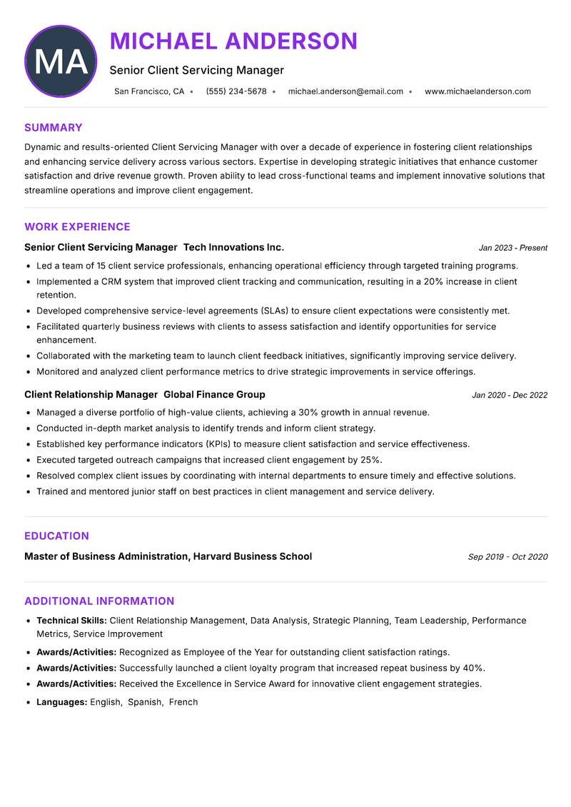 Client Servicing Manager resume example