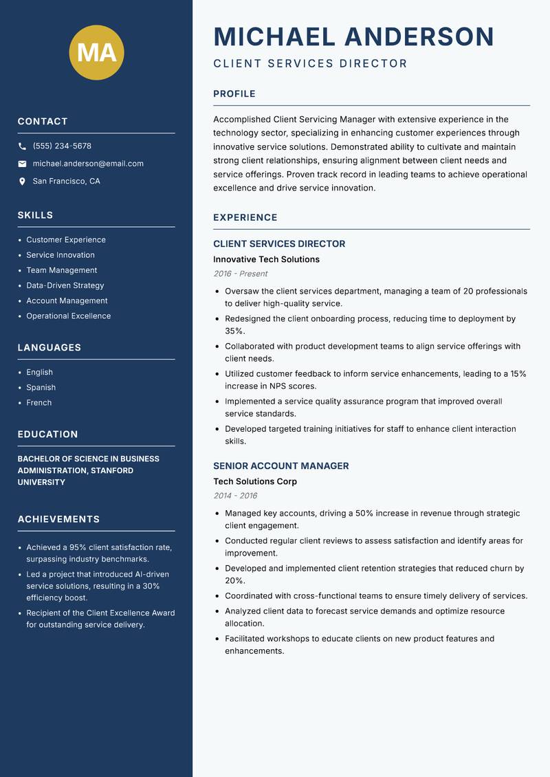 Client Servicing Manager resume sample — Client Services Director focus