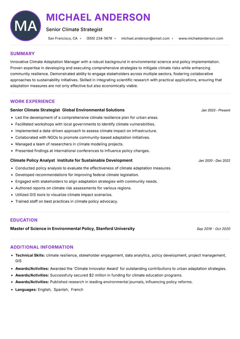 Climate Adaptation Manager resume example — Climate Change