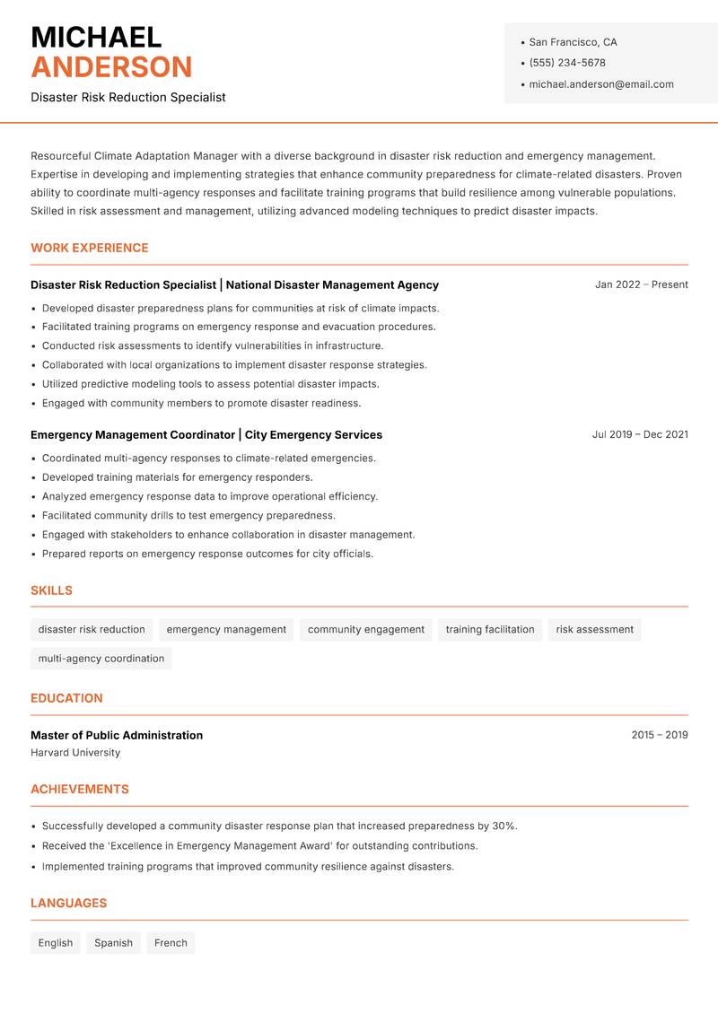 Climate Adaptation Manager resume sample — Disaster Risk Reduction Specialist focus