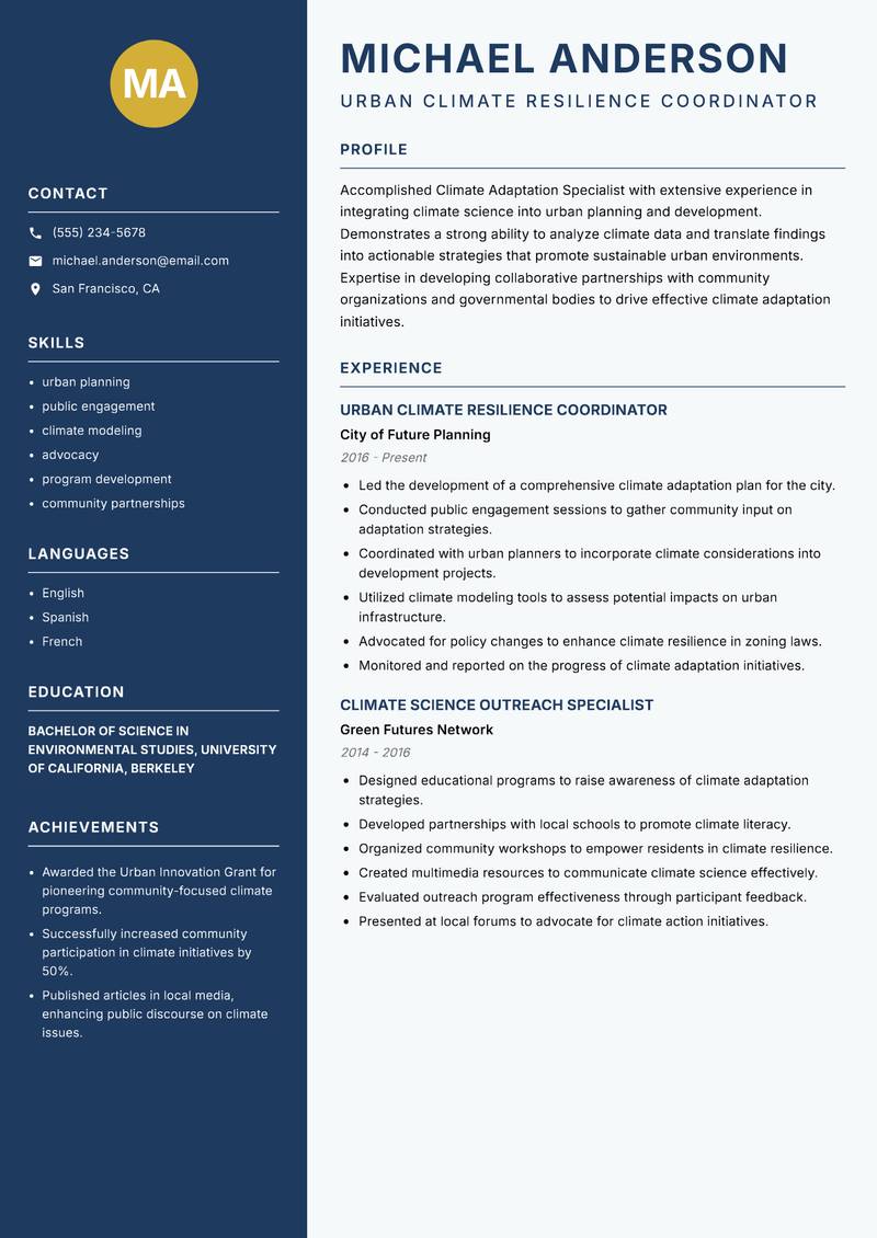 Climate Adaptation Specialist resume sample — Urban Climate Resilience Coordinator focus