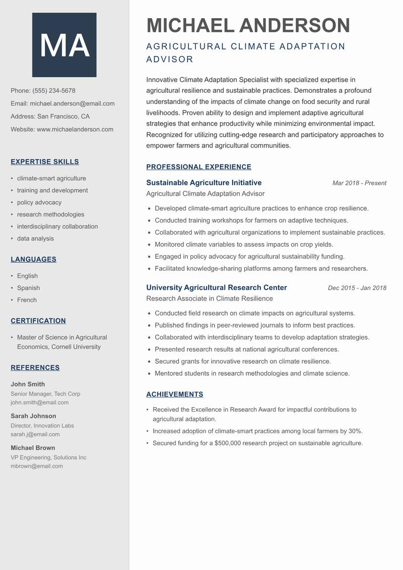 Climate Adaptation Specialist resume sample — Agricultural Climate Adaptation Advisor focus