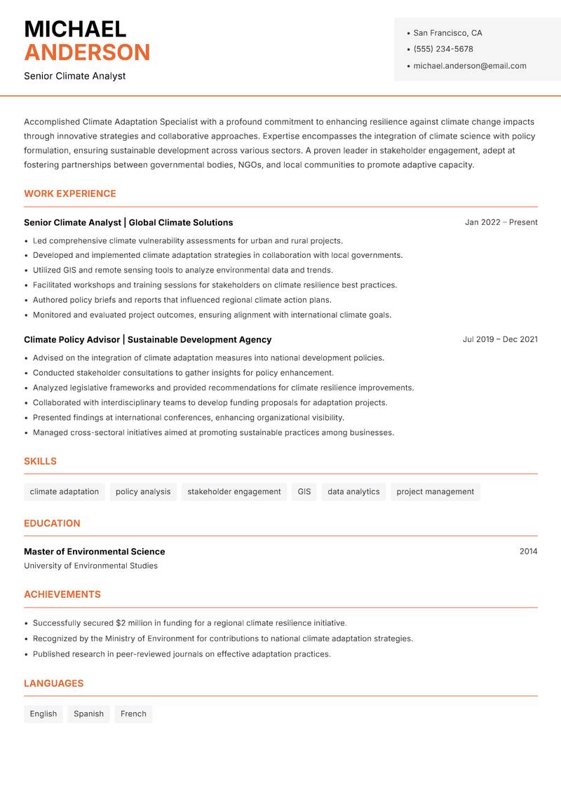 Climate Adaptation Specialist resume sample — Senior Climate Analyst focus