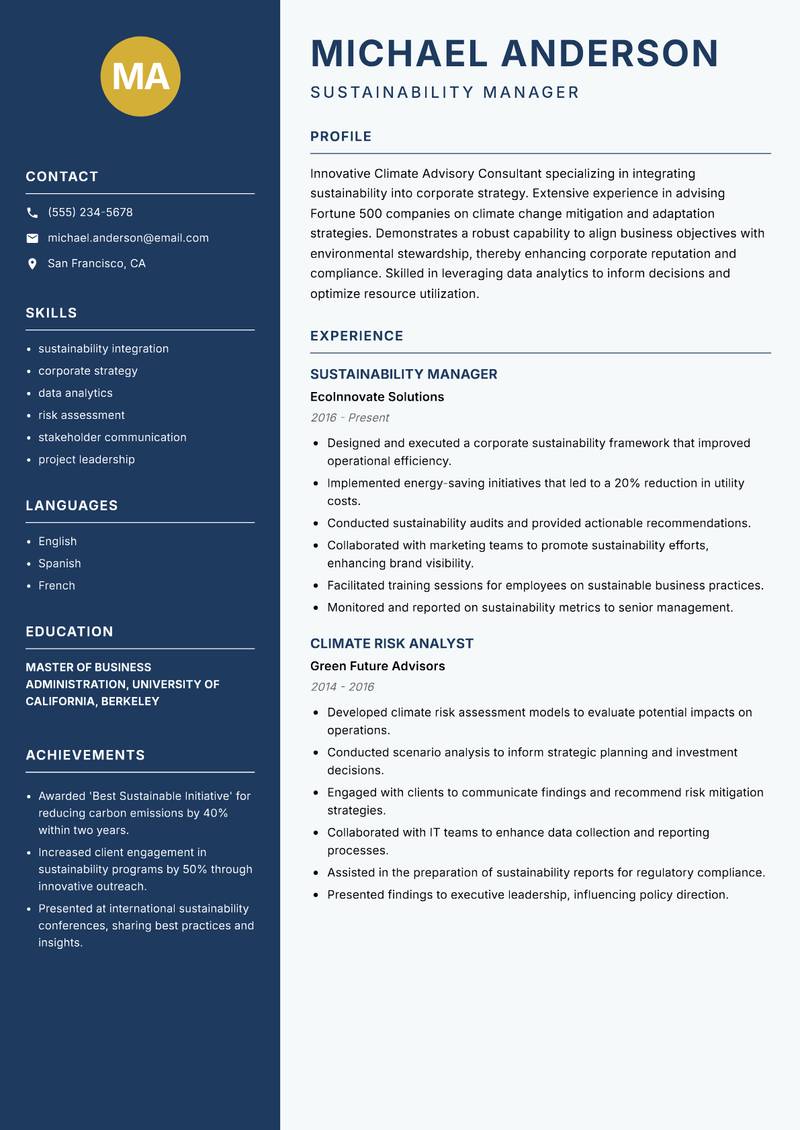 Climate Advisory Consultant resume sample — Sustainability Manager focus