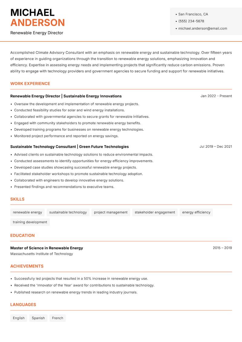 Climate Advisory Consultant resume sample — Renewable Energy Director focus