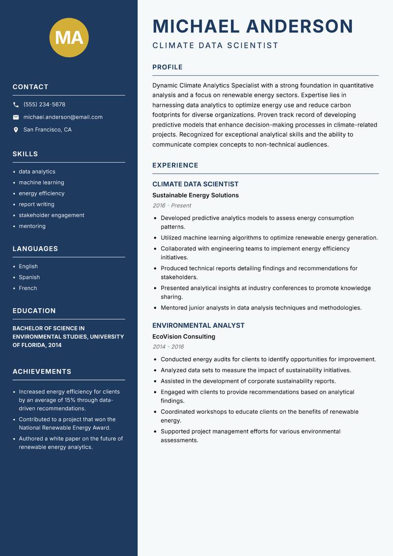 Climate Analytics Specialist resume sample — Climate Data Scientist focus