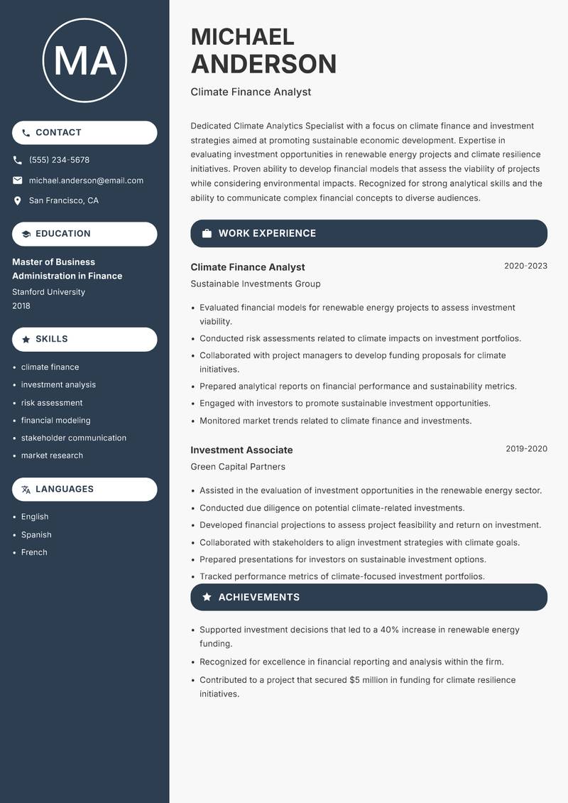 Climate Analytics Specialist resume sample — Climate Finance Analyst focus