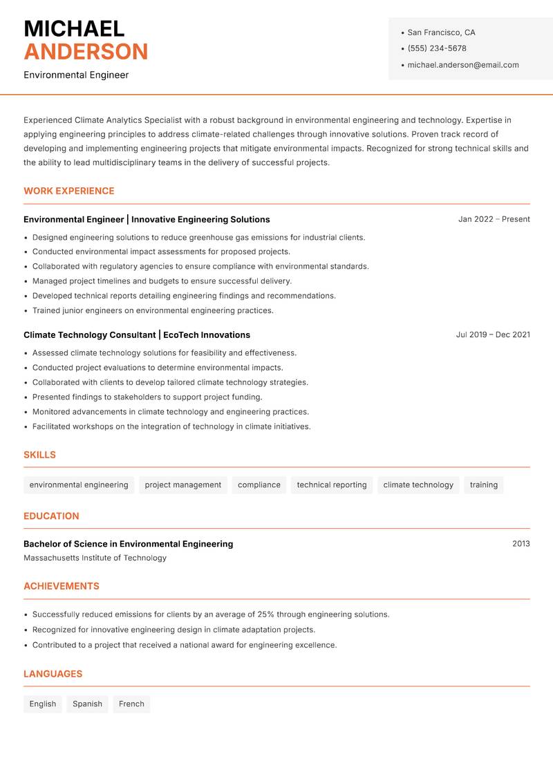 Climate Analytics Specialist resume sample — Environmental Engineer focus