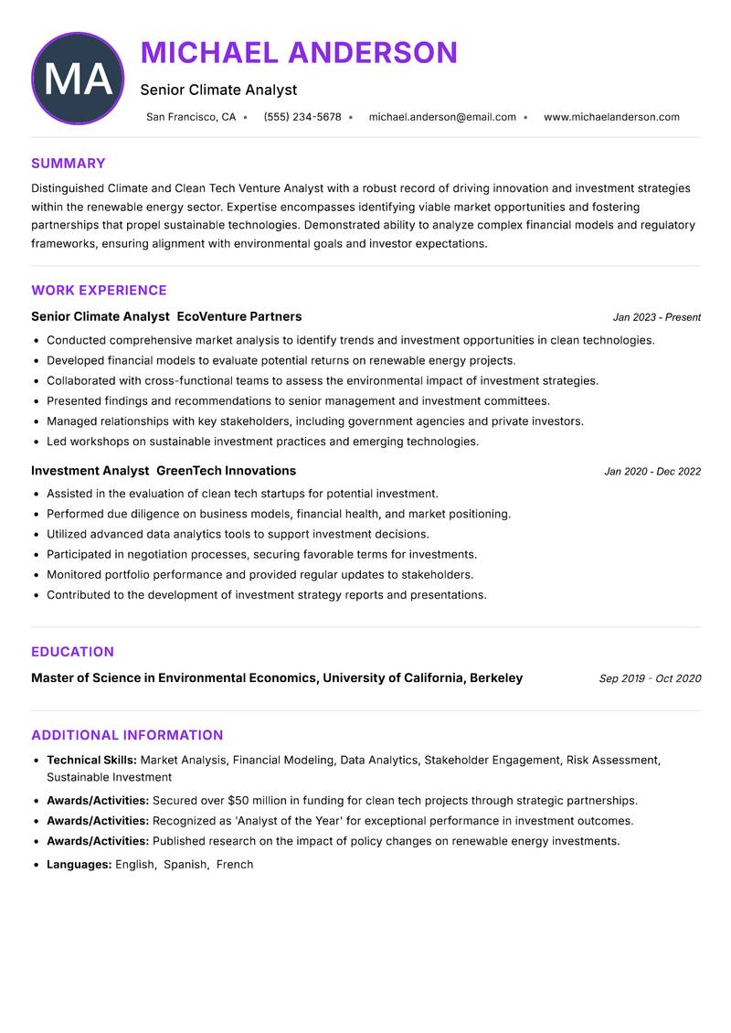 Climate and Clean Tech Venture Analyst resume example