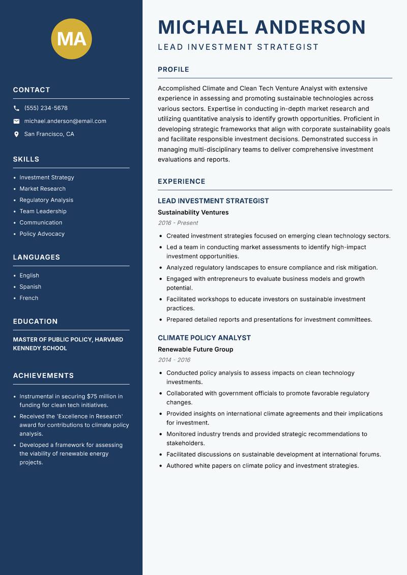 Climate and Clean Tech Venture Analyst resume sample — Lead Investment Strategist focus