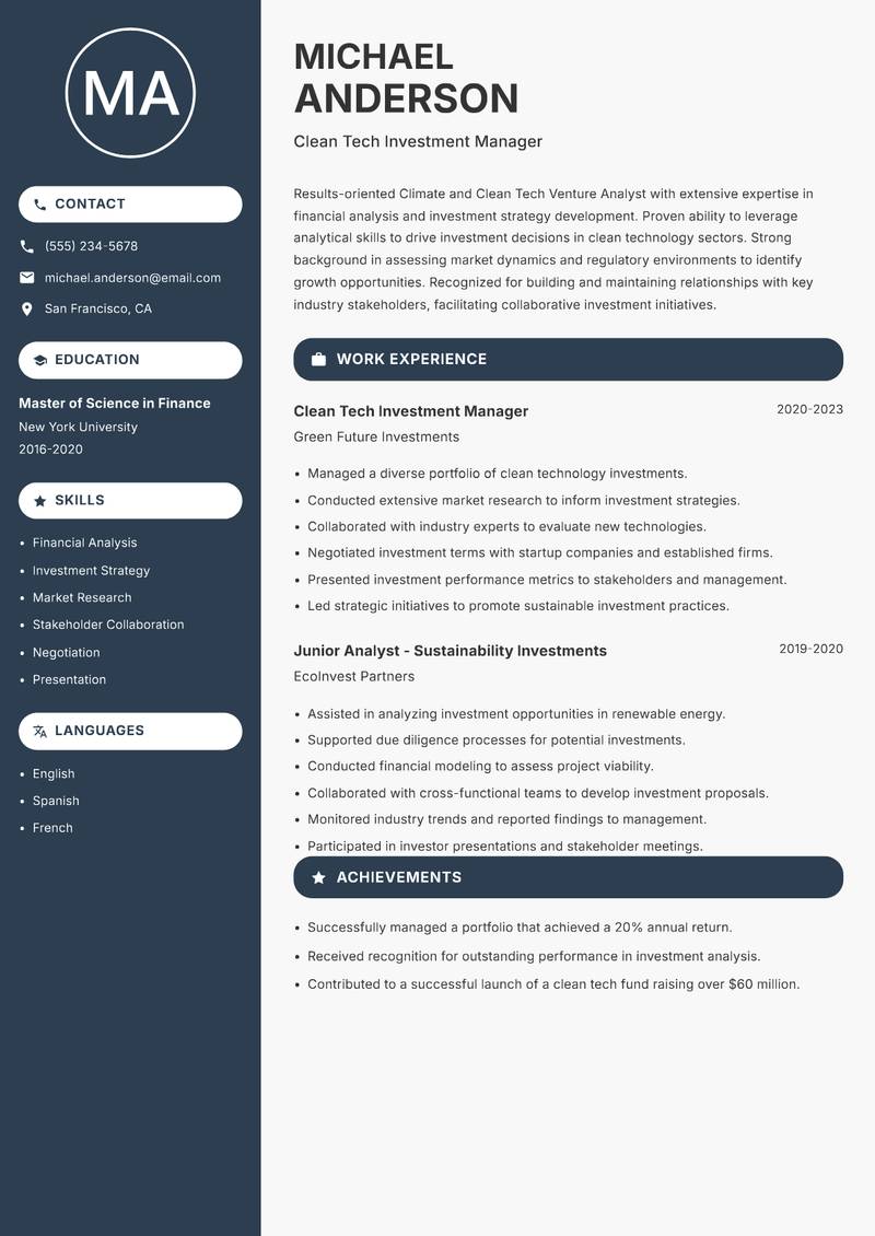 Climate and Clean Tech Venture Analyst resume sample — Clean Tech Investment Manager focus