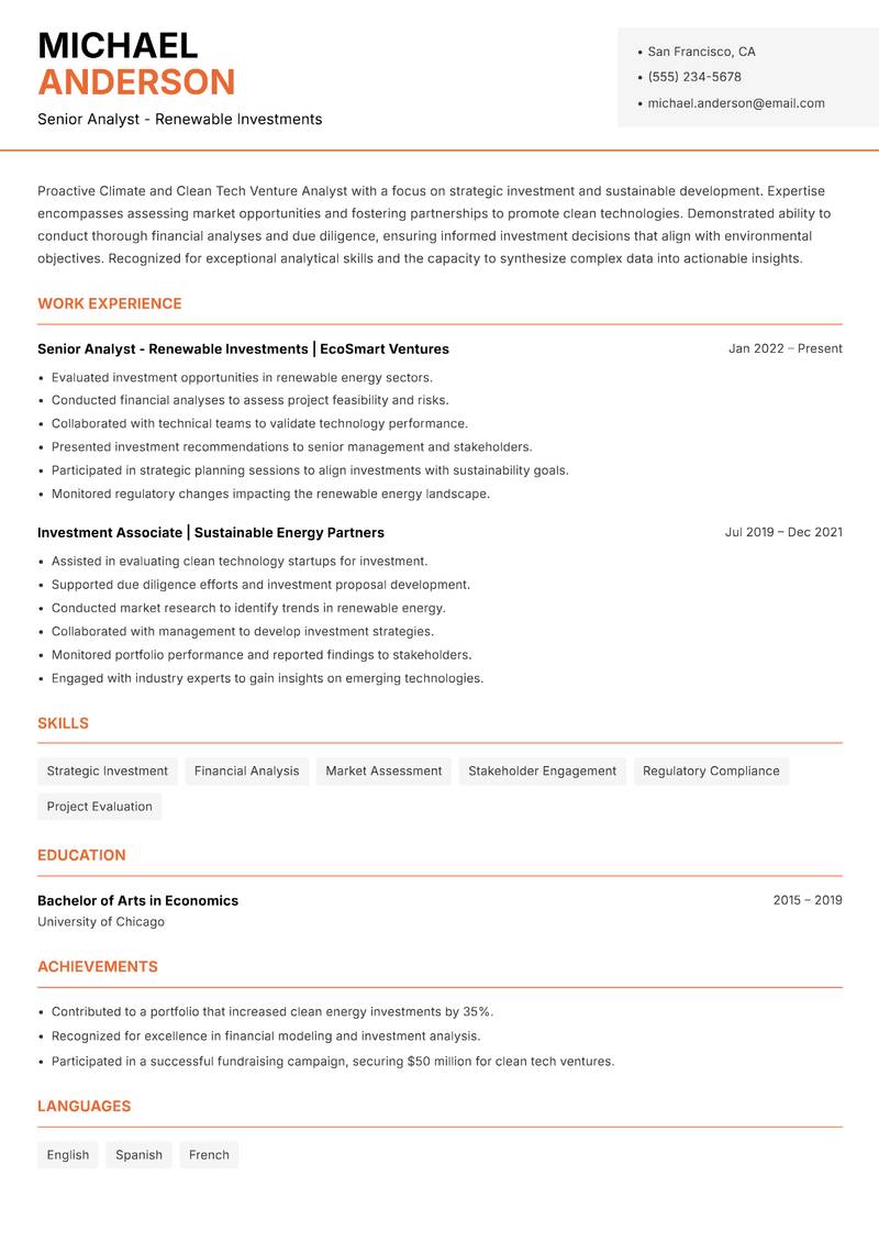 Climate and Clean Tech Venture Analyst resume sample — Senior Analyst - Renewable Investments focus