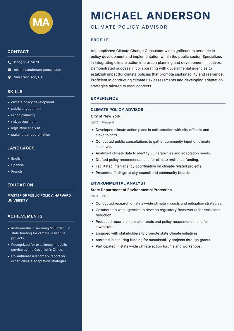 Climate Change Consultant resume sample — Climate Policy Advisor focus