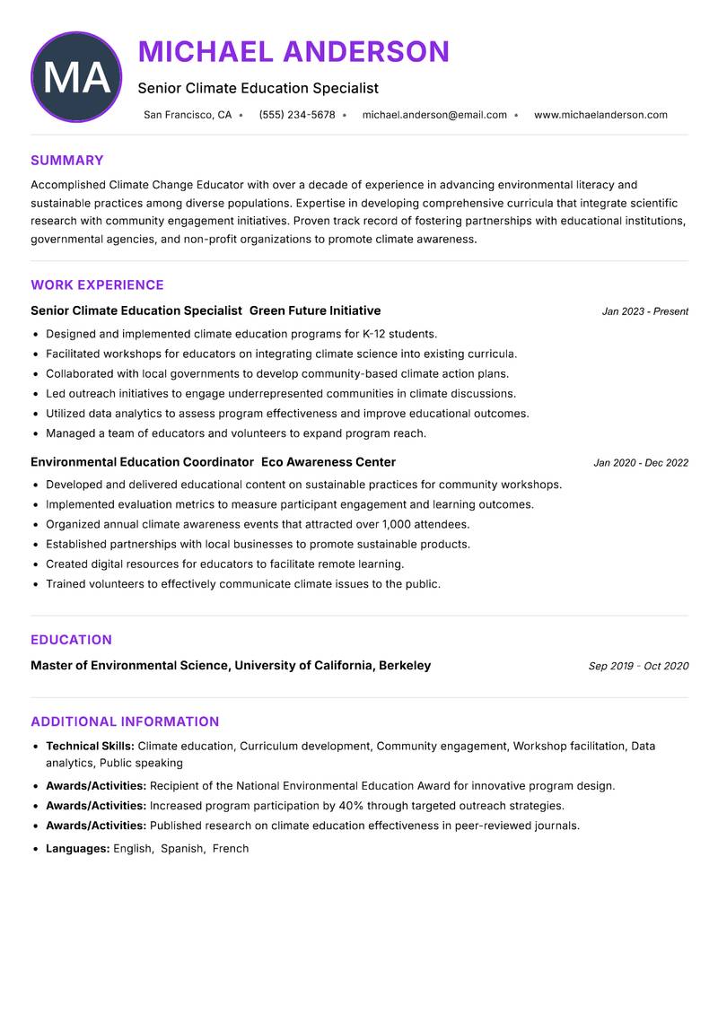 Climate Change Educator resume example