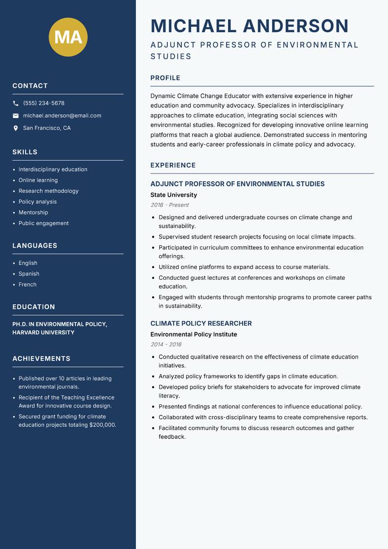 Climate Change Educator resume sample — Adjunct Professor of Environmental Studies focus