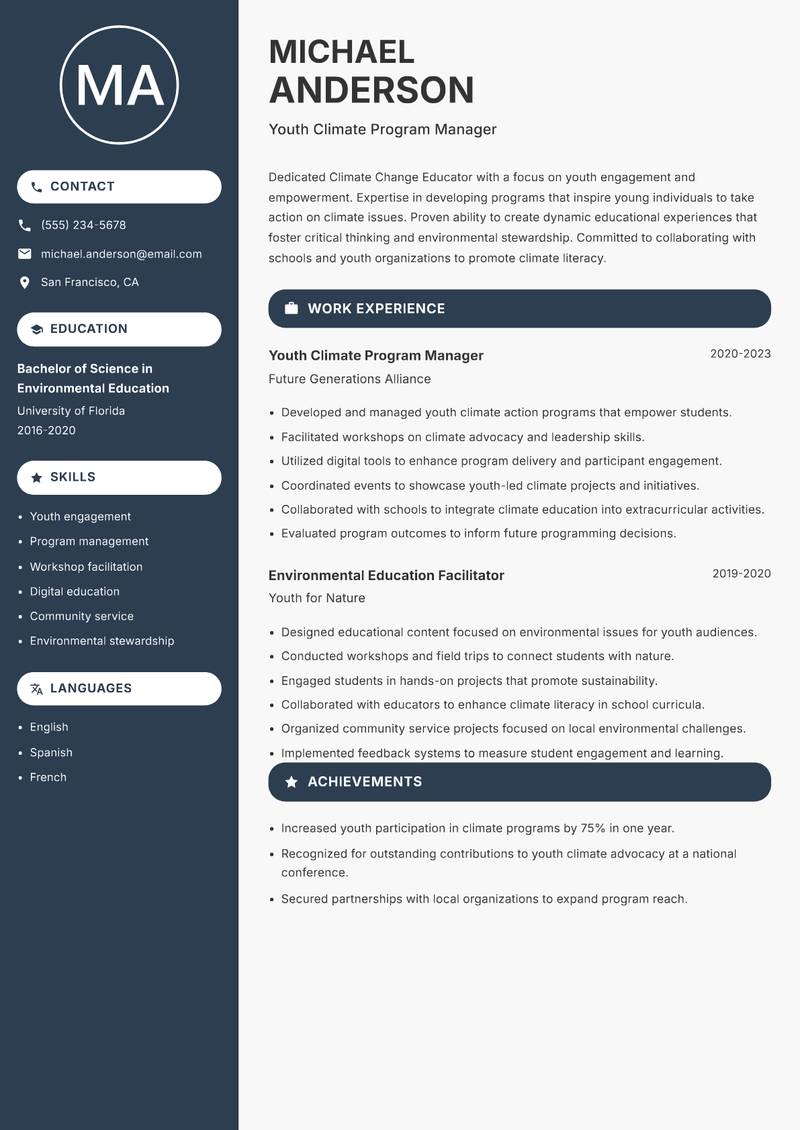Climate Change Educator resume sample — Youth Climate Program Manager focus