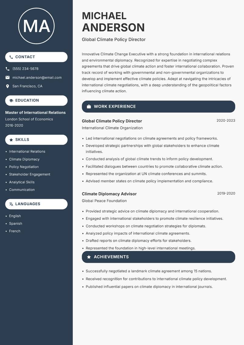 Climate Change Executive resume sample — Global Climate Policy Director focus