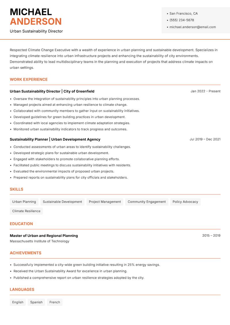 Climate Change Executive resume sample — Urban Sustainability Director focus