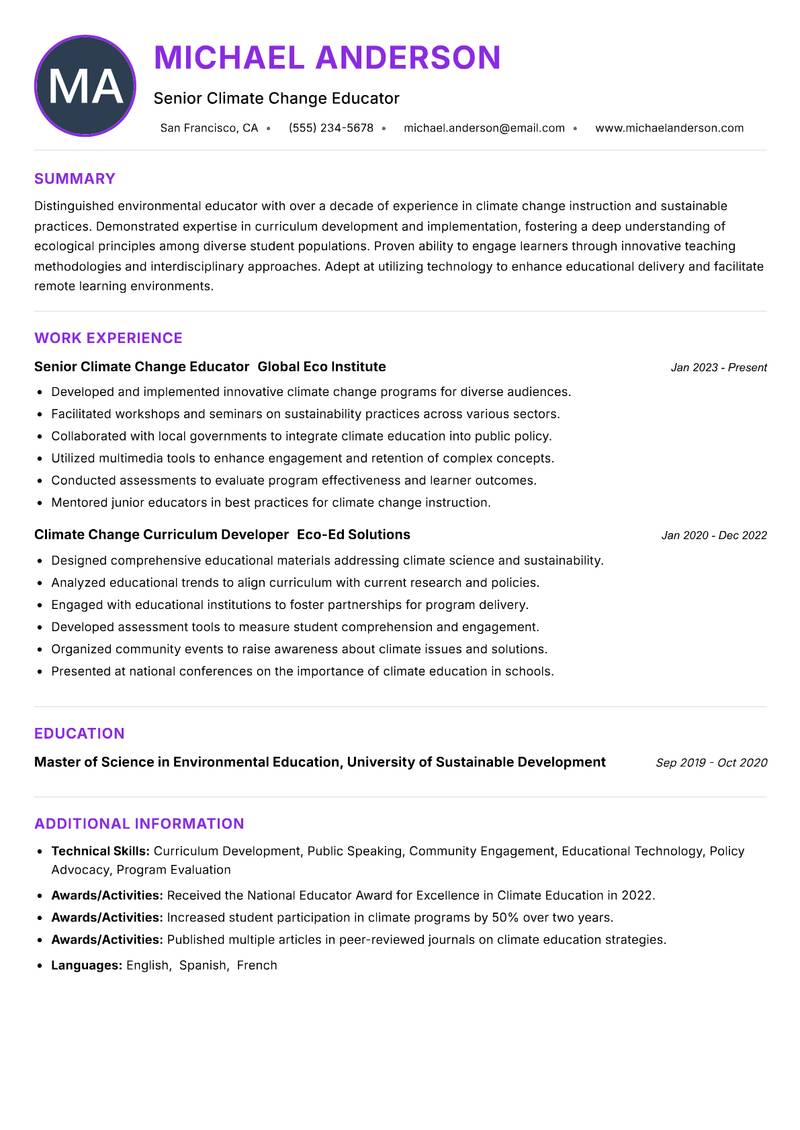 Climate Change Instructor resume example